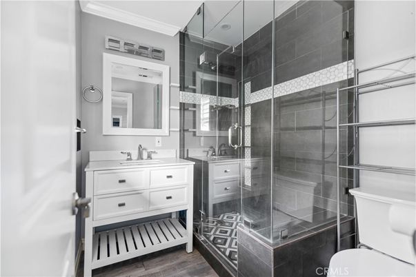Bathroom, Glass Shower, Interior, Wood Texture Flooring