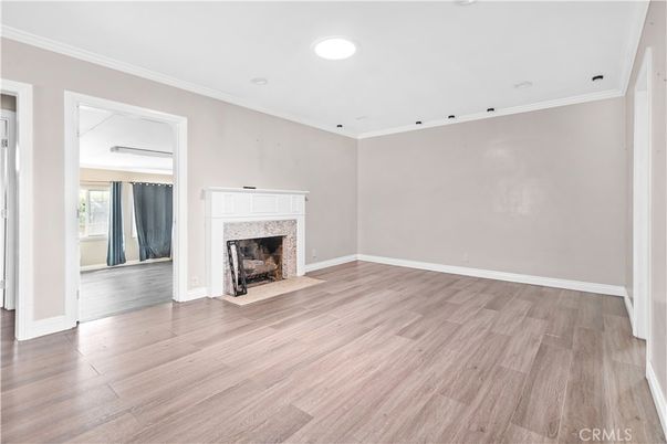 Empty room, Fireplace, Interior, Recessed Lighting, Wood Texture Flooring