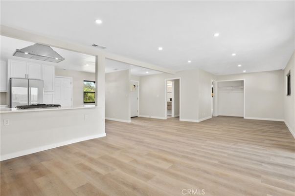 Empty room, Interior, Kitchen, Recessed Lighting, Wood Texture Flooring