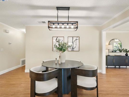 Dining room, Interior, Pendant Lights, Wood Texture Flooring