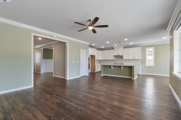 Empty room, Interior, Kitchen, Recessed Lighting, Wood Texture Flooring