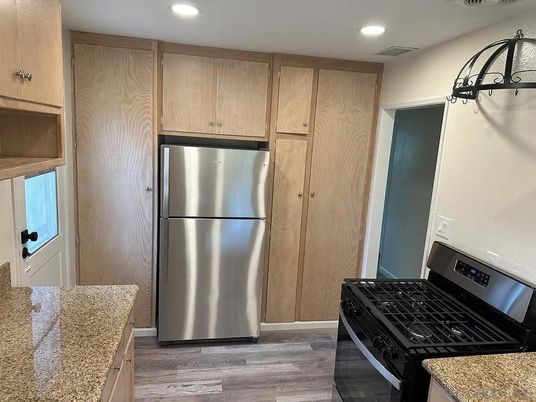 Interior, Kitchen, Recessed Lighting, Stainless Steel Appliances, Wood Texture Flooring
