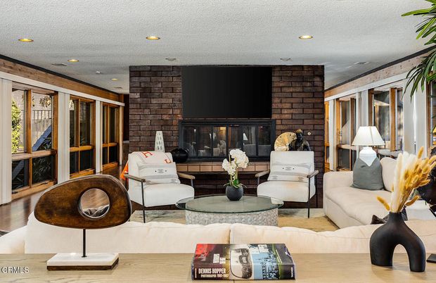 Fireplace, Interior, Living room, Recessed Lighting, Stone Walls, Wood Texture Flooring