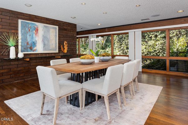 Dining room, Interior, Recessed Lighting, Stone Walls, Wood Texture Flooring