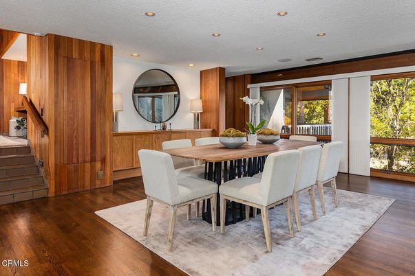 Dining room, Interior, Recessed Lighting, Wood Texture Flooring