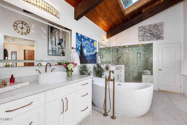 Bathroom, Dual Sink Vanities, Free Standing Baths, Glass Shower, Interior, Marble Walls, Wooden Beams, Wooden Ceilings