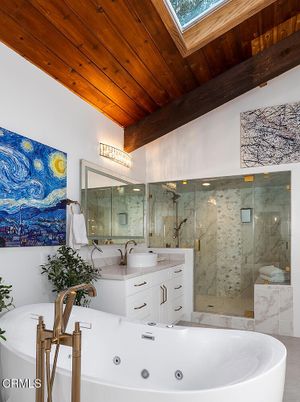 Bathroom, Dual Sink Vanities, Glass Shower, Interior, Marble Walls, Wooden Beams, Wooden Ceilings