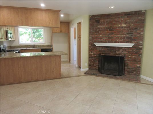 Fireplace, Interior, Kitchen, Recessed Lighting, Stone Walls