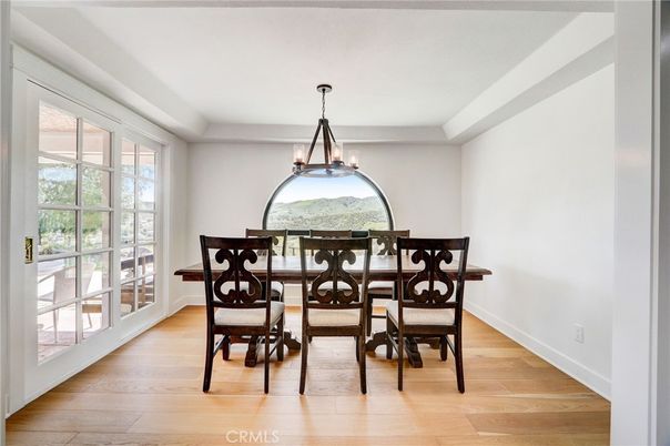 Chandelier, Dining room, Interior, Pendant Lights, Wood Texture Flooring