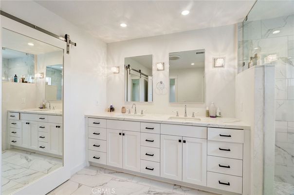 Bathroom, Dual Sink Vanities, Interior, Marble, Recessed Lighting