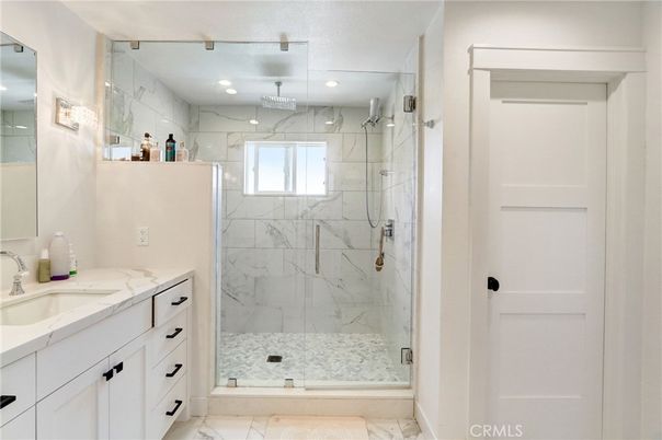 Bathroom, Glass Shower, Interior, Marble, Marble Walls, Recessed Lighting