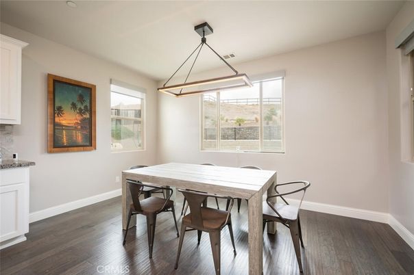 Dining room, Interior, Pendant Lights, Wood Texture Flooring