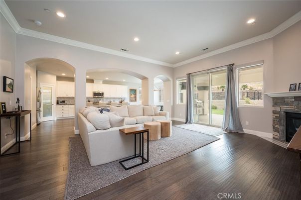 Fireplace, Interior, Kitchen, Living room, Recessed Lighting, Wood Texture Flooring