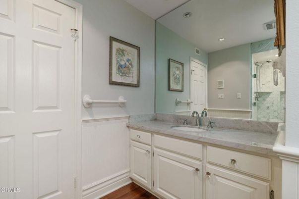 Bathroom, Glass Shower, Interior, Recessed Lighting, Wood Texture Flooring