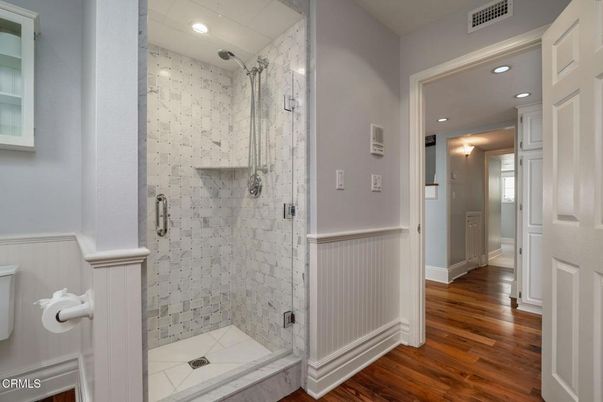 Bathroom, Glass Shower, Interior, Recessed Lighting, Wood Texture Flooring