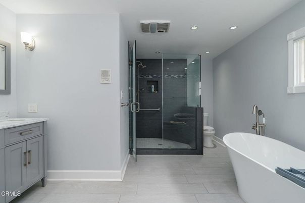 Bathroom, Free Standing Baths, Glass Shower, Interior, Recessed Lighting