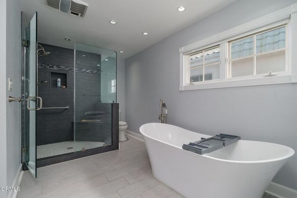 Bathroom, Free Standing Baths, Glass Shower, Interior, Recessed Lighting