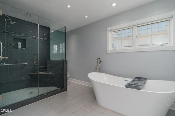 Bathroom, Free Standing Baths, Glass Shower, Interior, Recessed Lighting