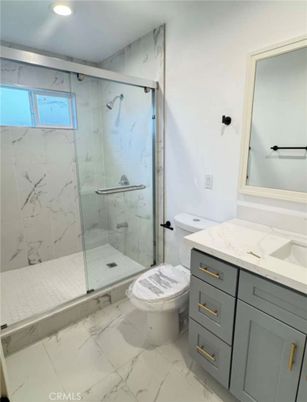 Bathroom, Glass Shower, Interior, Marble, Marble Walls, Recessed Lighting