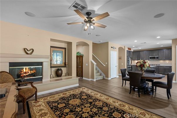 Dining room, Fireplace, Interior, Kitchen, Recessed Lighting, Wood Texture Flooring