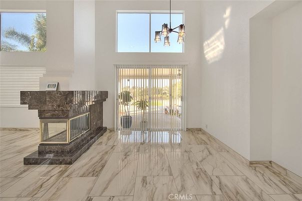 Fireplace, Interior, Marble, Pendant Lights