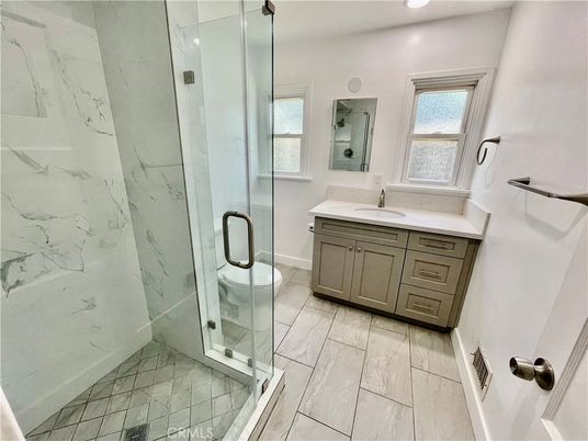 Bathroom, Glass Shower, Interior, Marble Walls, Recessed Lighting