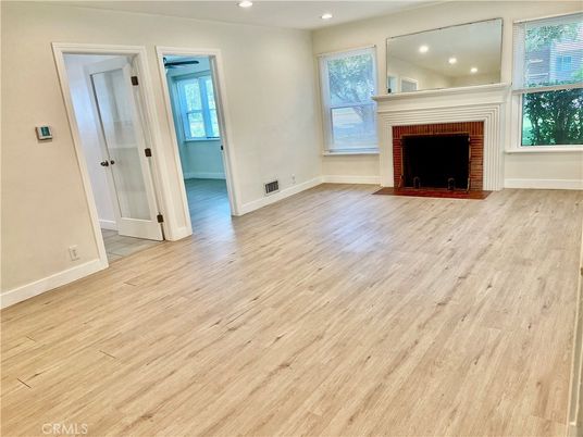 Empty room, Fireplace, Interior, Recessed Lighting, Wood Texture Flooring