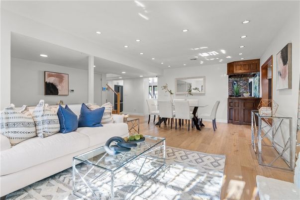 Dining room, Interior, Living room, Recessed Lighting, Wood Texture Flooring