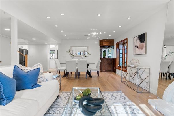 Dining room, Interior, Living room, Recessed Lighting, Wood Texture Flooring