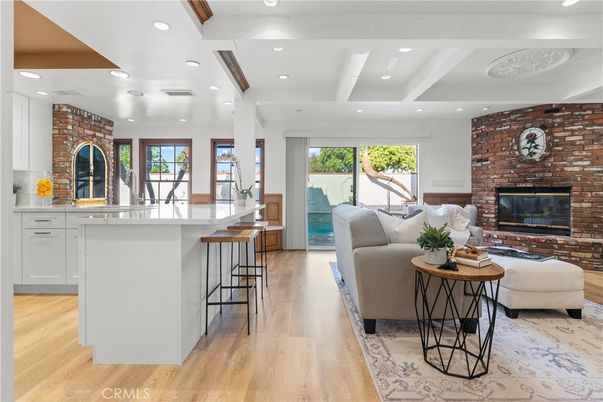 Fireplace, Interior, Kitchen, Living room, Recessed Lighting, Stone Walls, Wooden Beams, Wood Texture Flooring