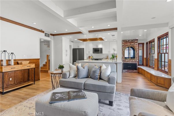 Interior, Kitchen, Living room, Recessed Lighting, Stainless Steel Appliances, Wood Texture Flooring