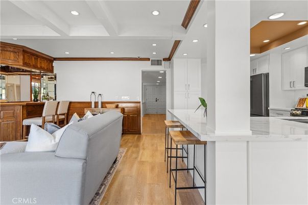 Interior, Kitchen, Living room, Recessed Lighting, Stainless Steel Appliances, Wood Texture Flooring