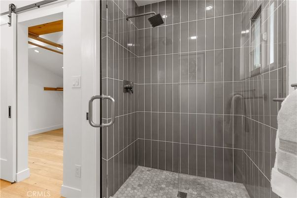 Bathroom, Glass Shower, Interior, Recessed Lighting, Wood Texture Flooring