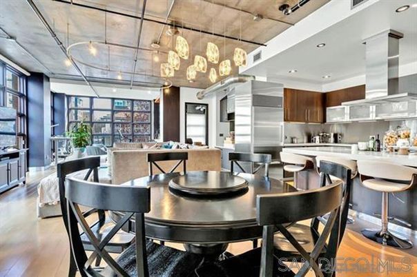 Dining room, Interior, Kitchen, Living room, Pendant Lights, Recessed Lighting, Stainless Steel Appliances, Wood Texture Flooring