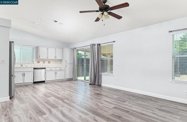 Empty room, Interior, Kitchen, Recessed Lighting, Wood Texture Flooring