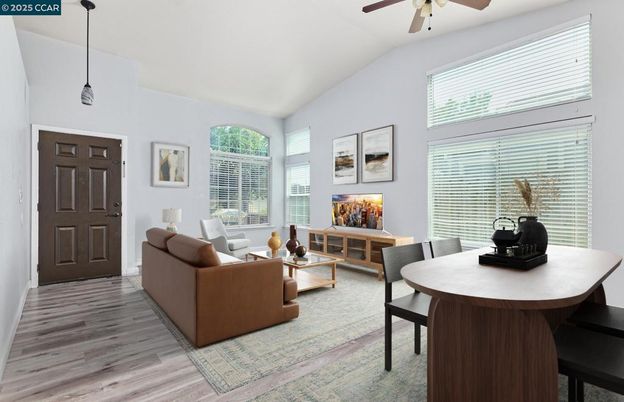 Dining room, Interior, Living room, Pendant Lights, Wood Texture Flooring
