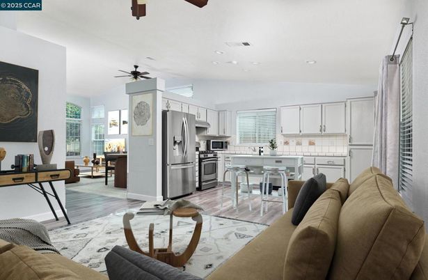 Dining room, Interior, Kitchen, Living room, Recessed Lighting, Stainless Steel Appliances, Wood Texture Flooring