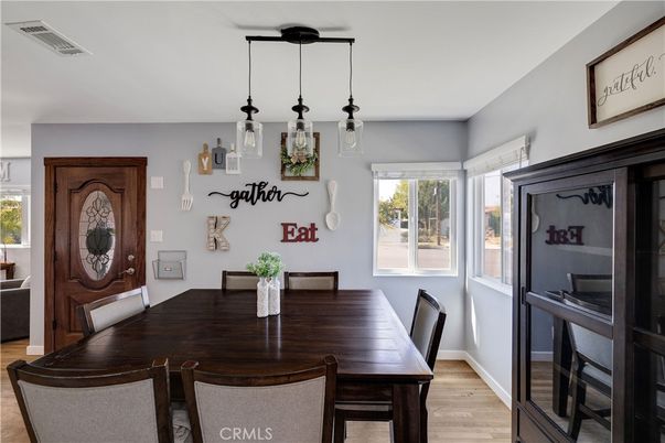 Dining room, Interior, Pendant Lights, Wood Texture Flooring