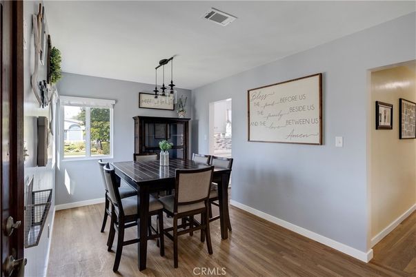 Dining room, Interior, Pendant Lights, Wood Texture Flooring