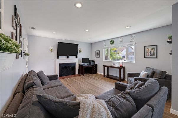 Fireplace, Interior, Living room, Recessed Lighting, Wood Texture Flooring
