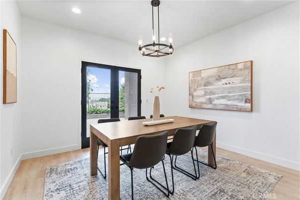 Dining room, Interior, Pendant Lights, Recessed Lighting, Wood Texture Flooring