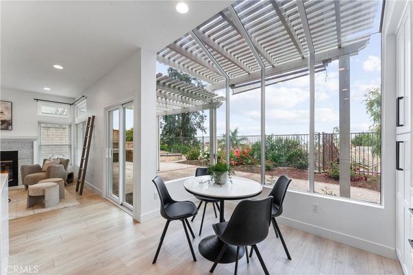 Dining room, Fireplace, Interior, Recessed Lighting, Wood Texture Flooring