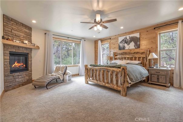 Bedroom, Fireplace, Interior, Recessed Lighting, Stone Walls, Wooden Walls