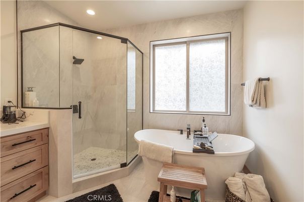 Bathroom, Free Standing Baths, Glass Shower, Interior, Marble Walls, Recessed Lighting