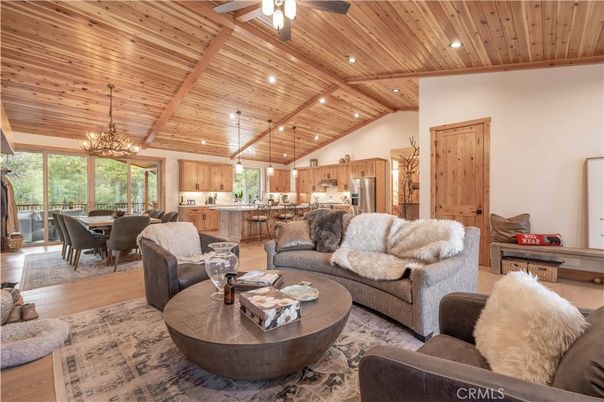 Chandelier, Dining room, Interior, Kitchen, Living room, Recessed Lighting, Stainless Steel Appliances, Wooden Beams, Wooden Ceilings, Wood Texture Flooring