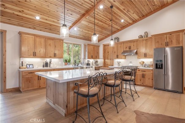 Interior, Kitchen, Pendant Lights, Recessed Lighting, Stainless Steel Appliances, Wooden Ceilings, Wood Texture Flooring