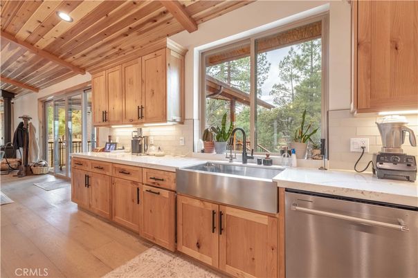 Interior, Kitchen, Recessed Lighting, Stainless Steel Appliances, Wooden Beams, Wooden Ceilings, Wood Texture Flooring