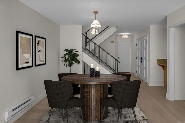 Dining room, Interior, Pendant Lights, Wood Texture Flooring