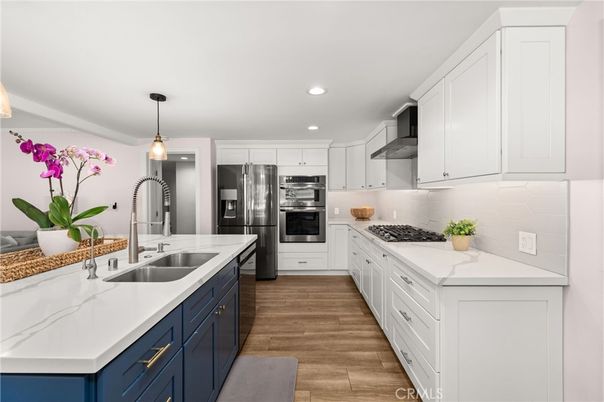 Interior, Kitchen, Pendant Lights, Recessed Lighting, Stainless Steel Appliances, Wood Texture Flooring