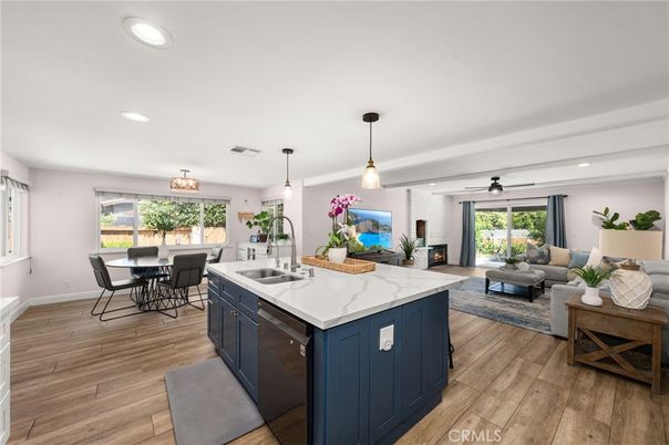Dining room, Interior, Kitchen, Living room, Pendant Lights, Recessed Lighting, Wood Texture Flooring